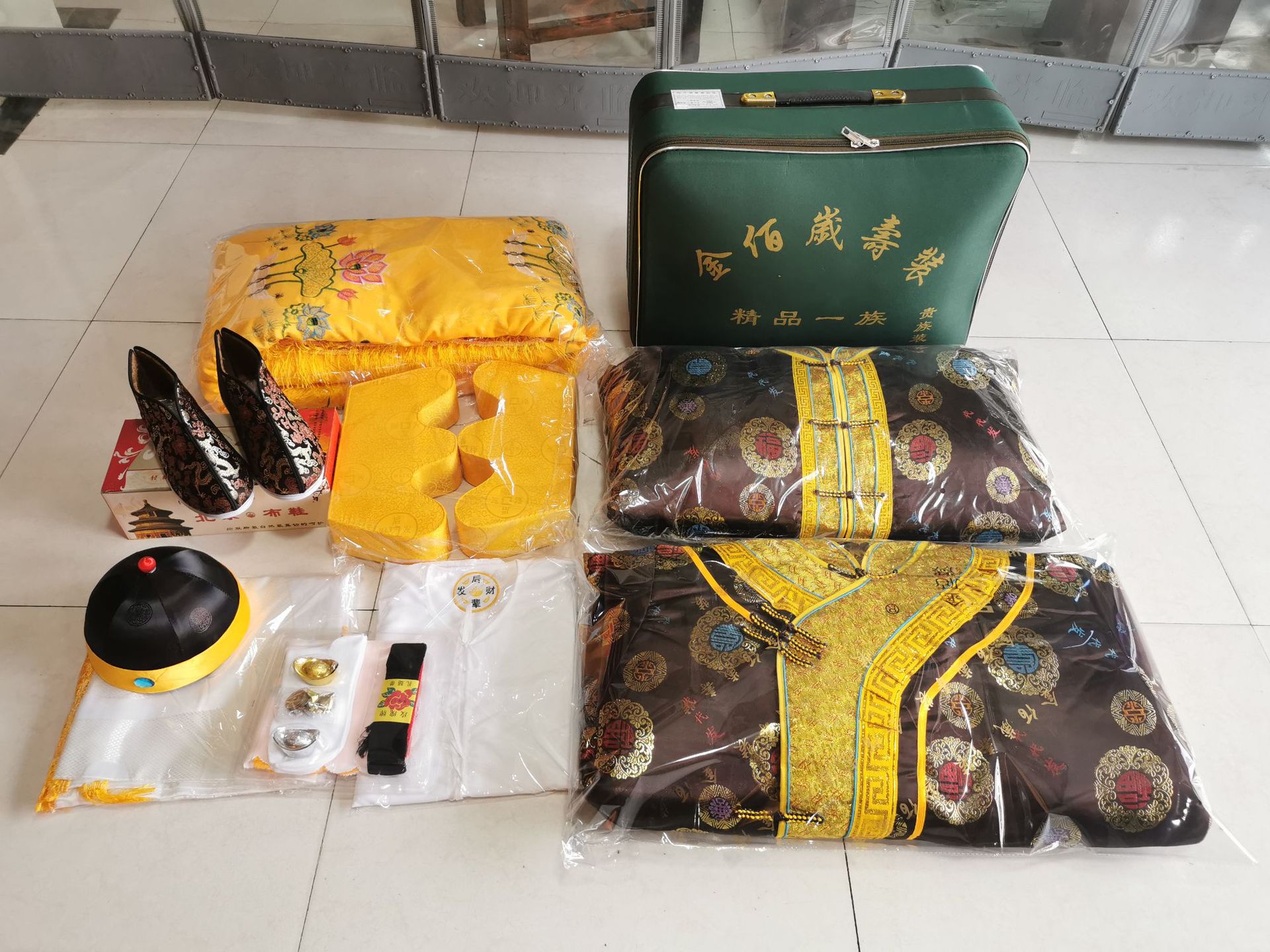 寿衣全套男士金皮五件套带包装老人冲喜寿装唐装长彪纸花殡葬用品