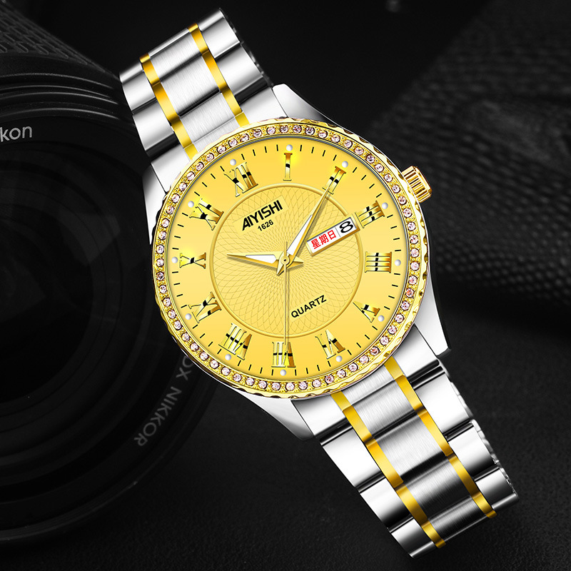 爱依士aiyishi手表男士韩版定制防水夜光日历非机械钢带1626批发