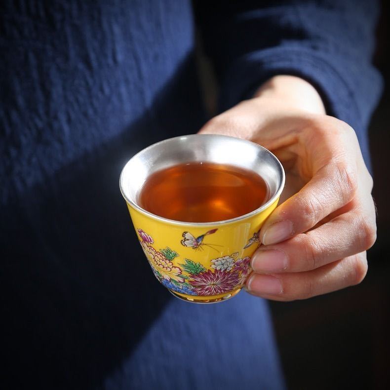 主人杯单杯999纯银茶杯陶瓷品茗杯鸡缸杯茶盏功夫茶碗鎏银杯礼品