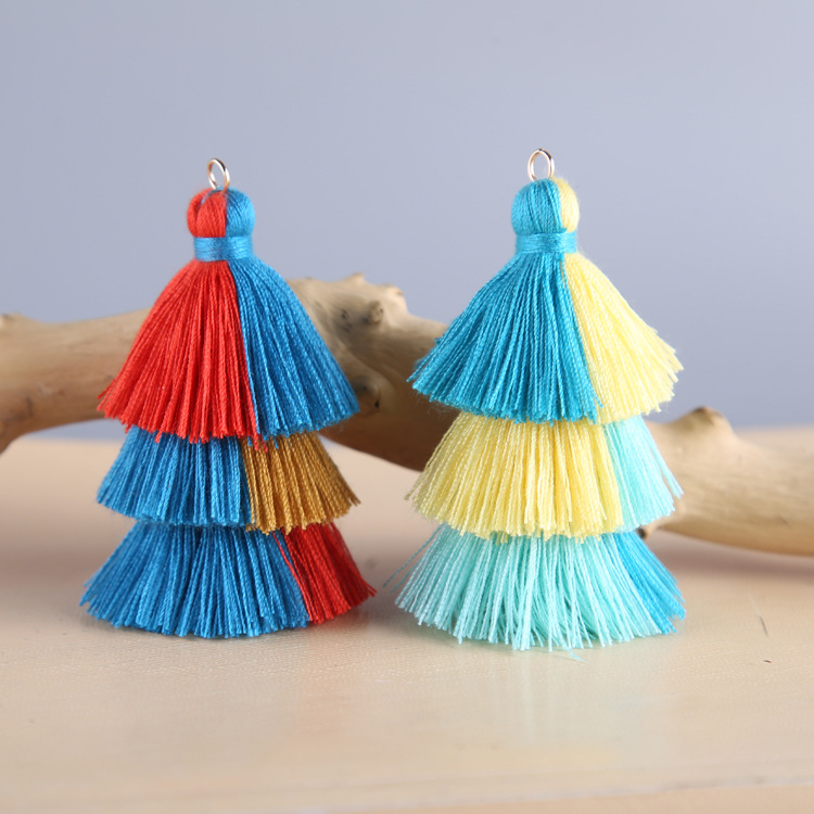 拼色三层棉线流苏带吊圈手工挂饰耳环吊坠包包挂件3层民族风穗子