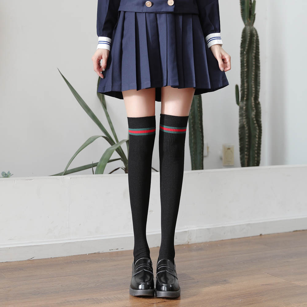 高筒jk长袜竖条大腿袜秋冬新款日系过膝袜高筒袜长筒袜棉女袜