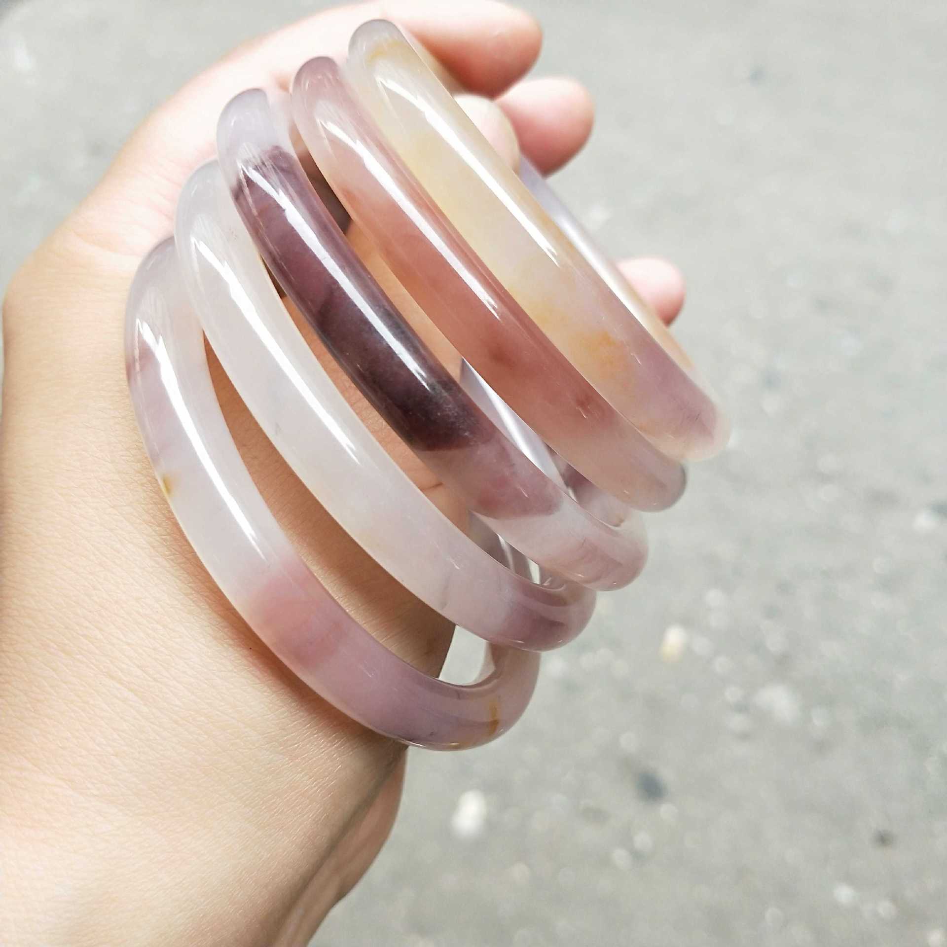 新疆戈壁玉彩玉金丝玉窄条圆条手镯玉石紫罗兰细圆条手镯飘花手镯