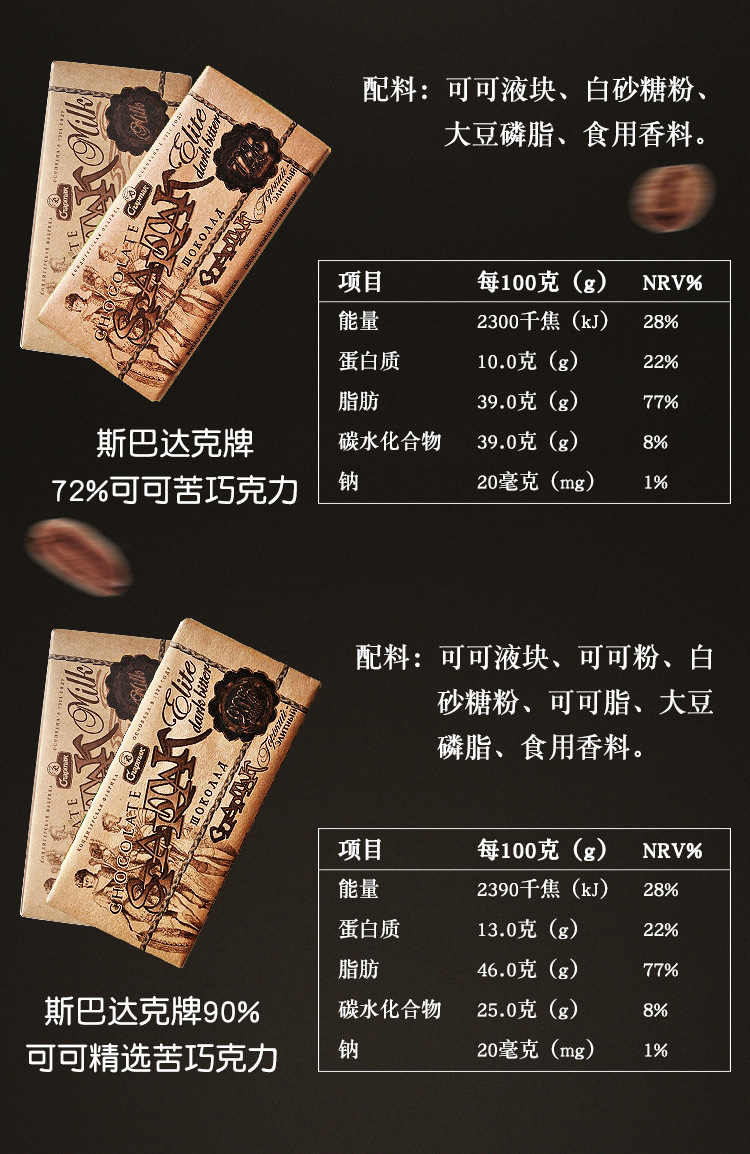 俄罗斯进口纯黑巧克力斯巴达克72%-90%可可苦巧克力休闲零食90g