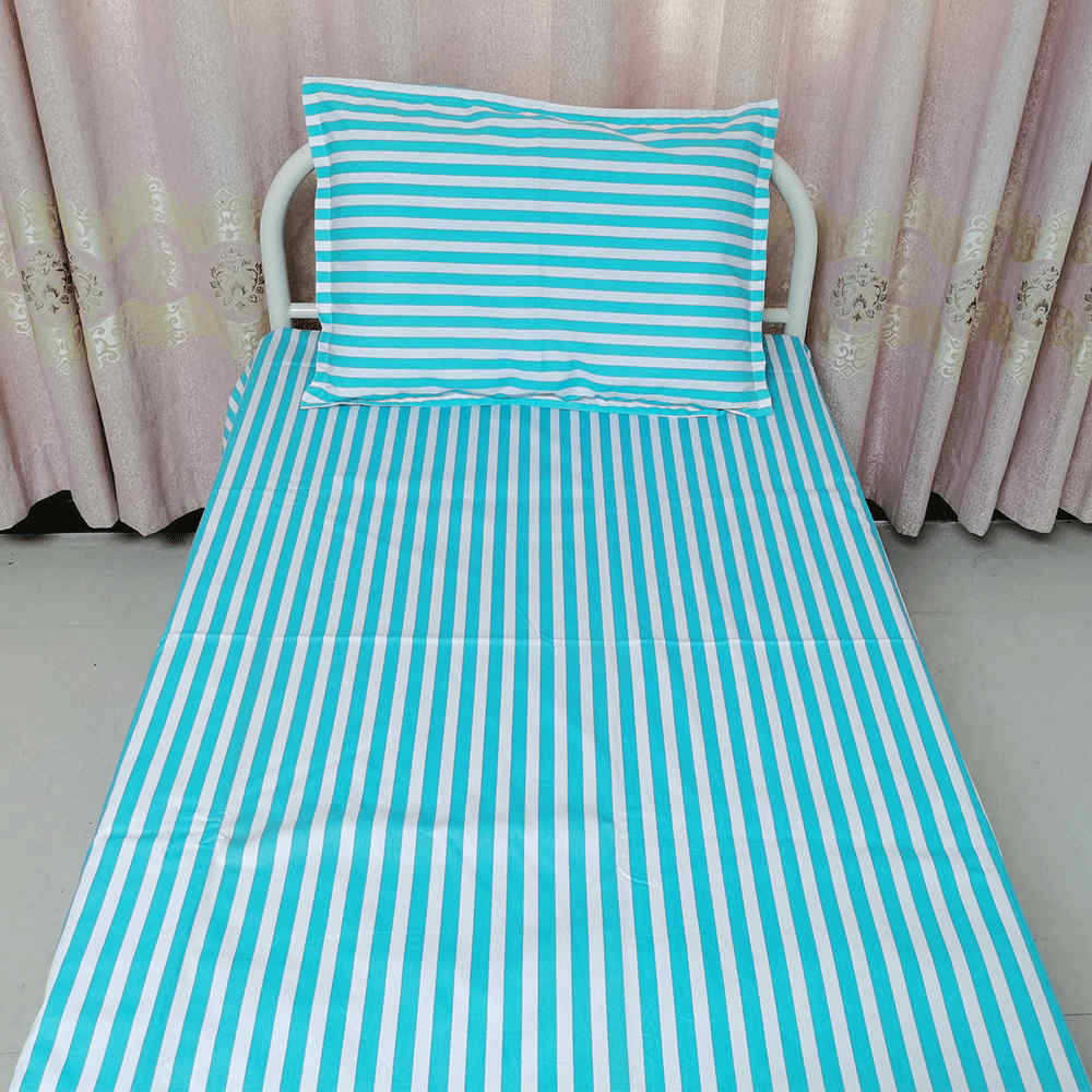 医院病床床上用品棉三件套医护病床蓝绿白条纹涤棉床单被套枕套