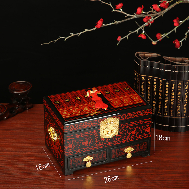 Marriage Dowry Supplies Chinese Retro Jewelry Storage Box Vanity Box Wooden with Lock Portable Jewelry Box