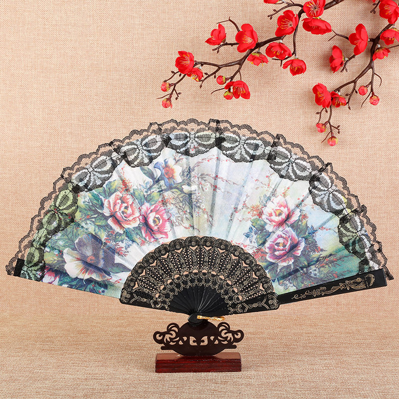 Black Rod Lace Lace Edge Fan Chinese Style Dance Props Plastic Classical Female Fan Exquisite Silk Cloth Gift Fan