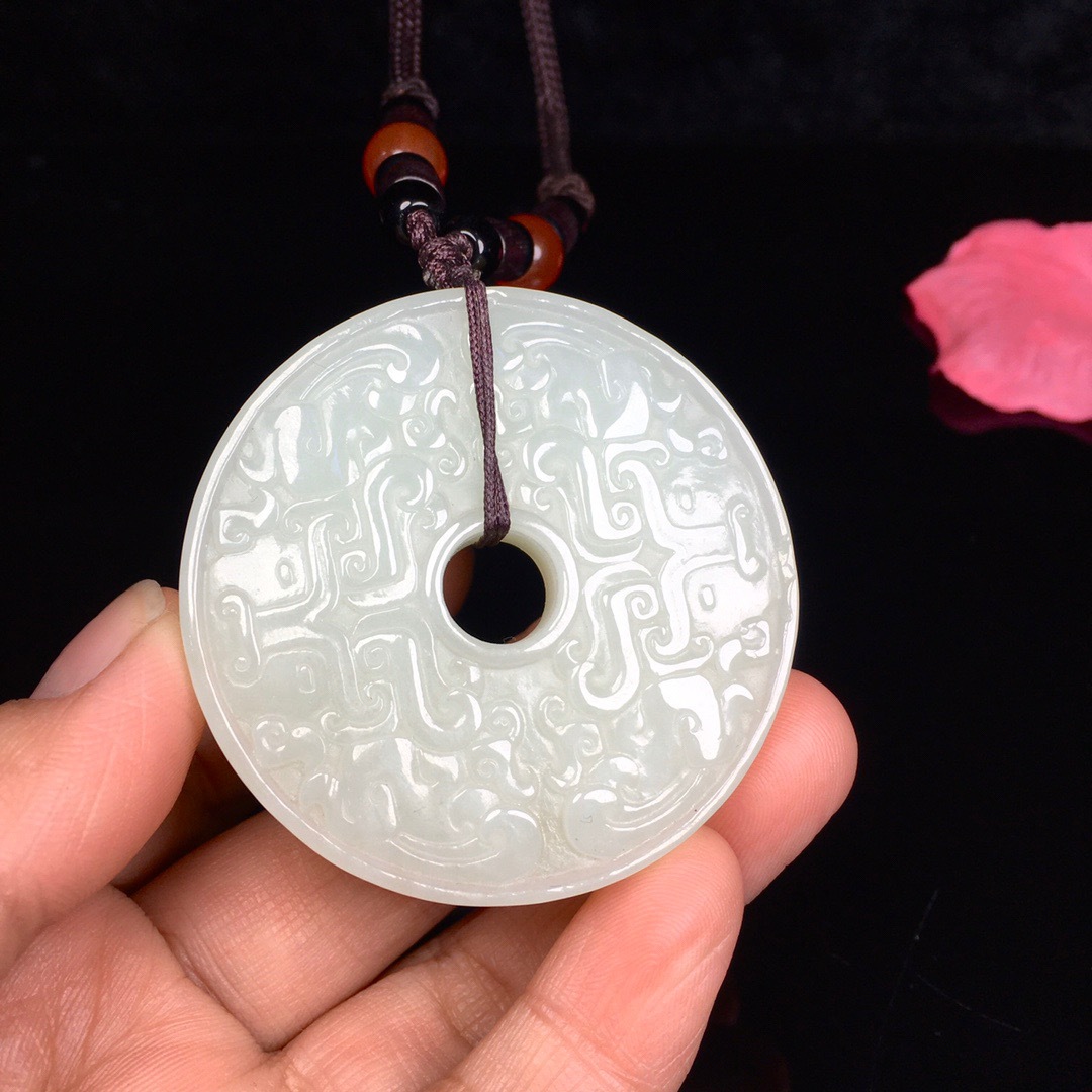 和田玉平安扣吊坠男款白玉双面雕刻仿古祥云兽纹玉佩玉石项链玉坠