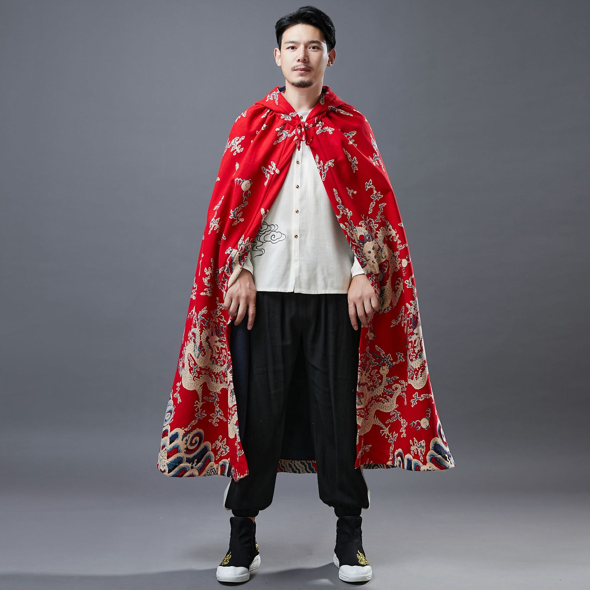 2020秋冬斗篷披肩 龙纹加绒斗篷 汉服披风古装国风男麻棉印花