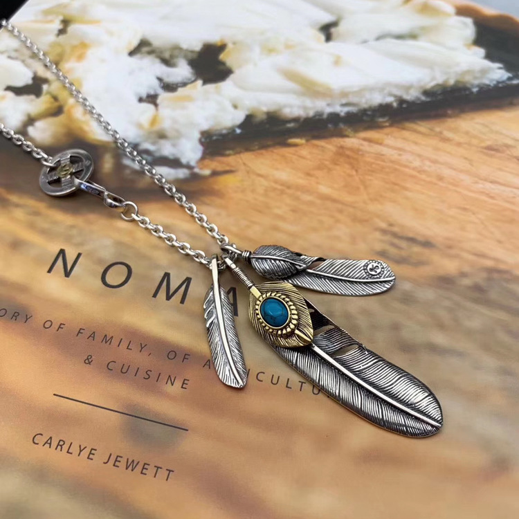 s925纯银个性霸气高桥吾郎羽毛项链男女个性网红直播羽毛吊坠潮饰