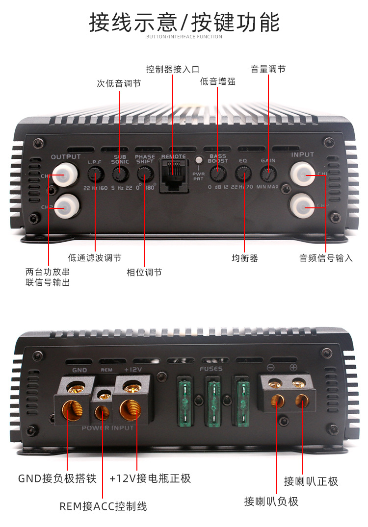 新款车载单路d类功放 超大功率汽车音响放大器推超重低音盆改装用