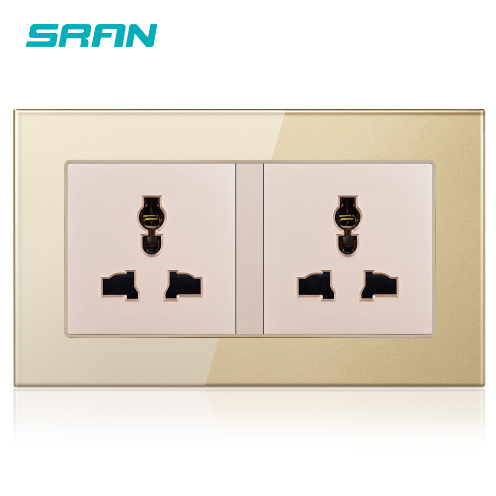 146双联多三孔插座香槟金双13a墙壁插座钢化玻璃面板