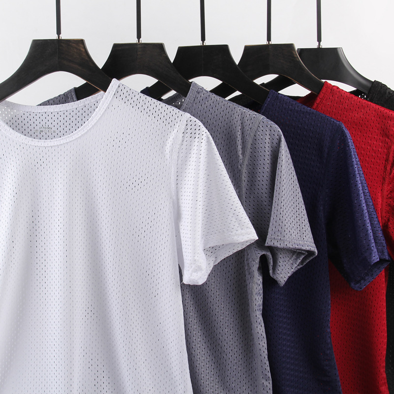 冰丝网眼短袖男夏季镂空网纱速干男士t恤透气运动薄款大码半袖潮