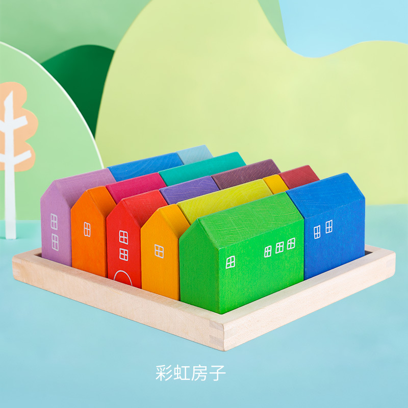 木制儿童玩具彩虹积木12色拱桥形半圆早教七彩叠叠乐弯板创意玩具