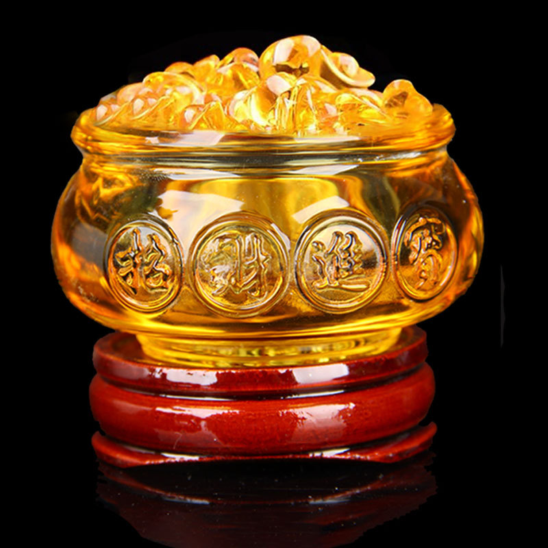 黄水晶聚宝盆摆件黄水晶元宝吉祥物店铺收银台乔迁开业礼品摆件