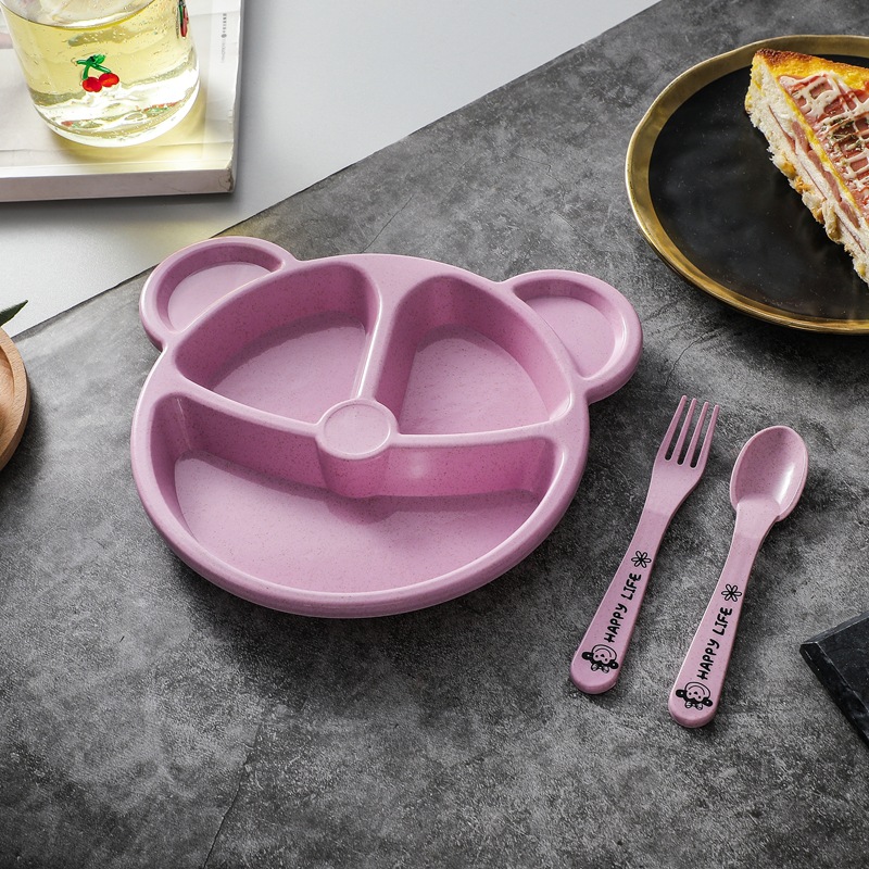 Wheat Grid Bear Children's Tableware Set Creative Household Tableware Baby Compartment Tray Breakfast Plate Get Spork Free