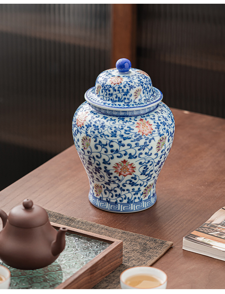 青花瓷茶叶罐大号 陶瓷普洱茶缸存茶罐储物药罐中式摆件红茶1斤装