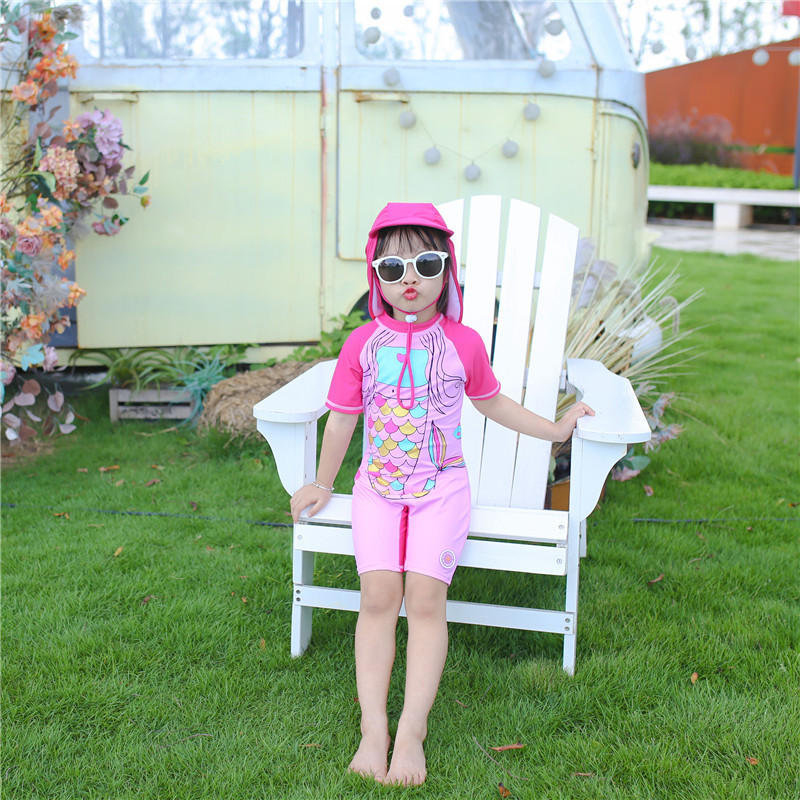 韩国ins爆款女童美人鱼泳衣 女孩连体婴儿防晒抗uv沙滩冲浪服带帽