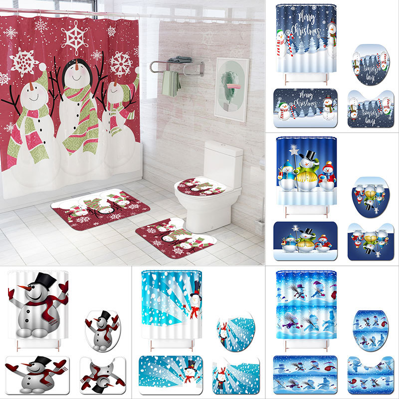 New Christmas Snowman Christmas Waterproof Shower Curtain Carpet Mat Four-Piece Set Toilet Mat Set One Piece Dropshipping
