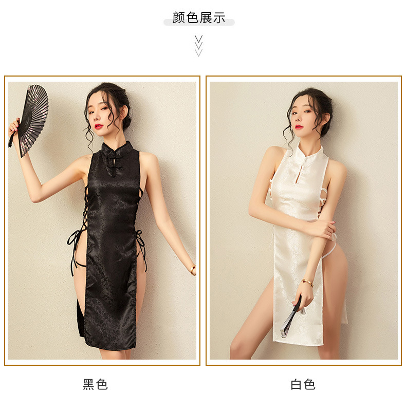 古典旗袍情趣内衣女紧身包臀高开叉绑带性感透视夜店诱惑长裙套装
