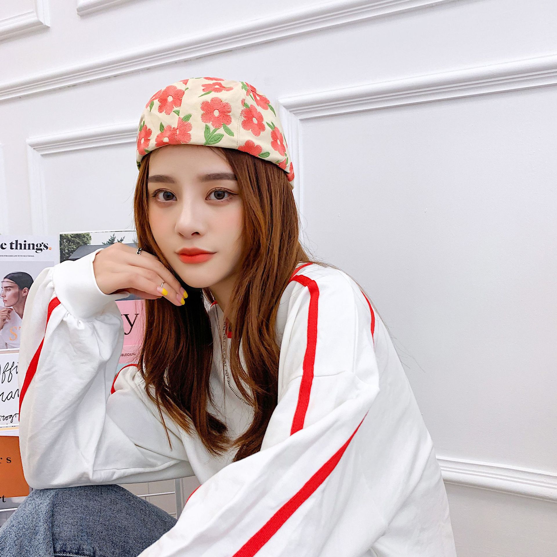 夏天蕾丝贝雷帽小雏菊欧根纱透气画家帽花朵前进帽仙女百搭休闲帽