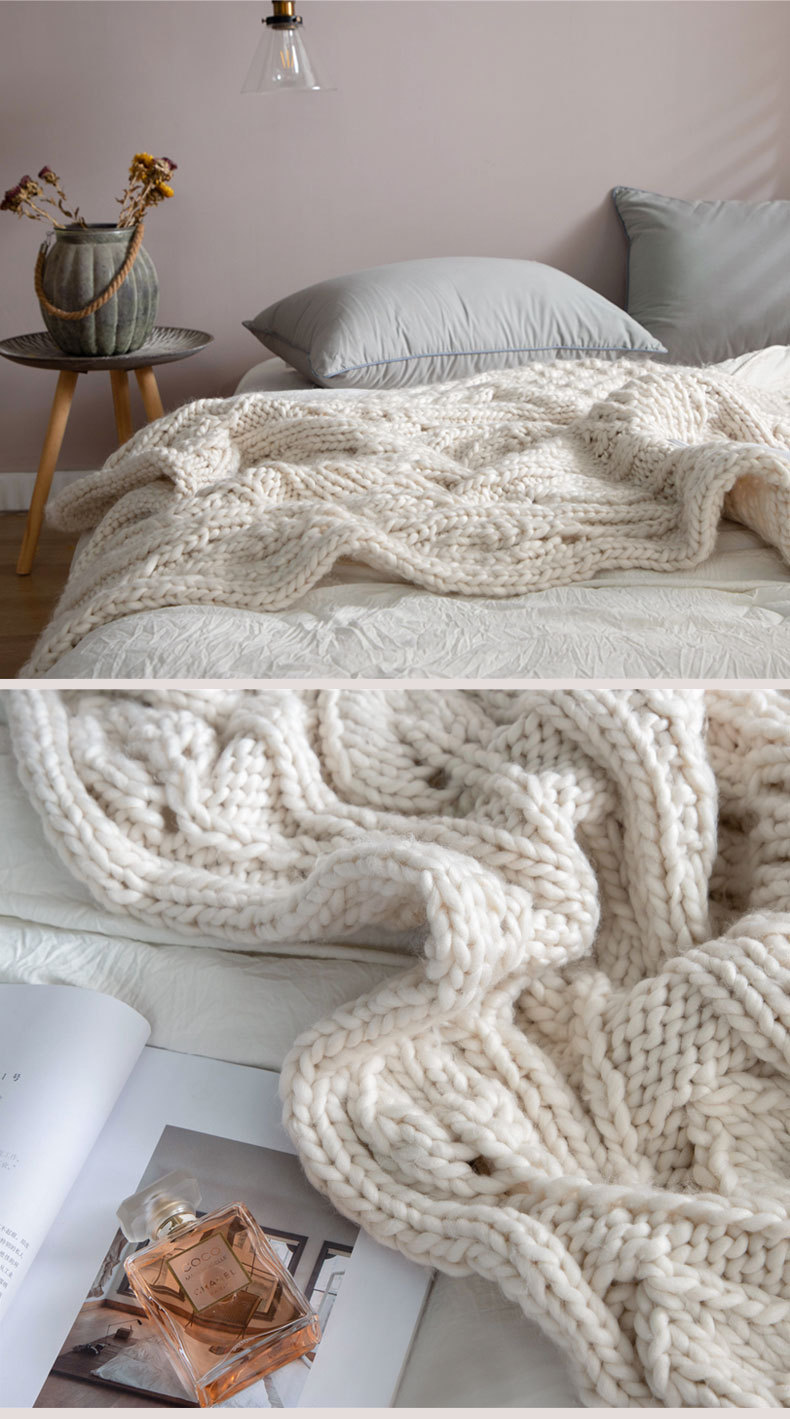 北欧ins纯手工粗毛线编织毛毯子沙发盖毯粗毛线软装拍摄纳尔森