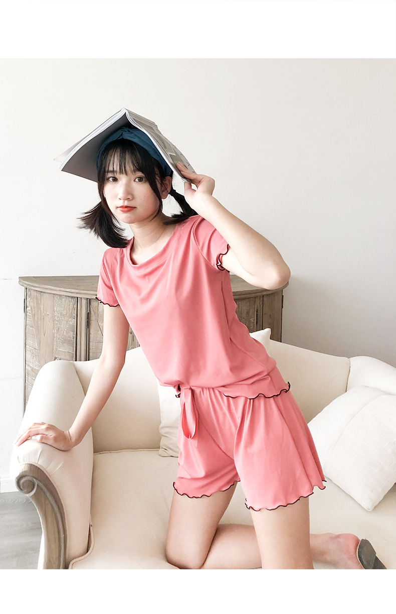 夏季木耳边冰丝螺纹莫代尔外穿短袖短裤居家睡衣大码套装女地摊