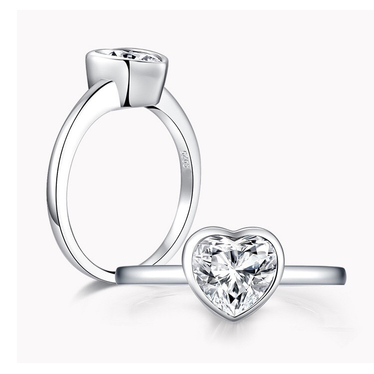 鹿轩珠宝 爆款 925纯银精镶高碳钻包镶心形仿真钻石戒指女