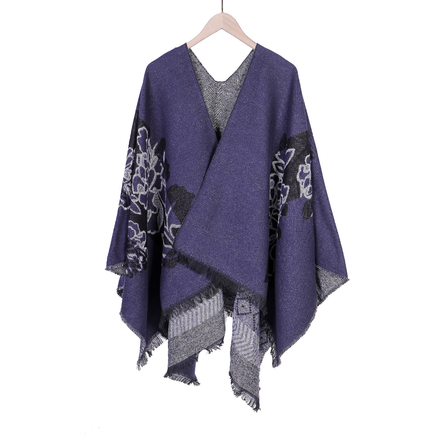 速卖通秋冬款欧美风仿羊绒花朵图案加厚开叉两用披肩保暖斗篷