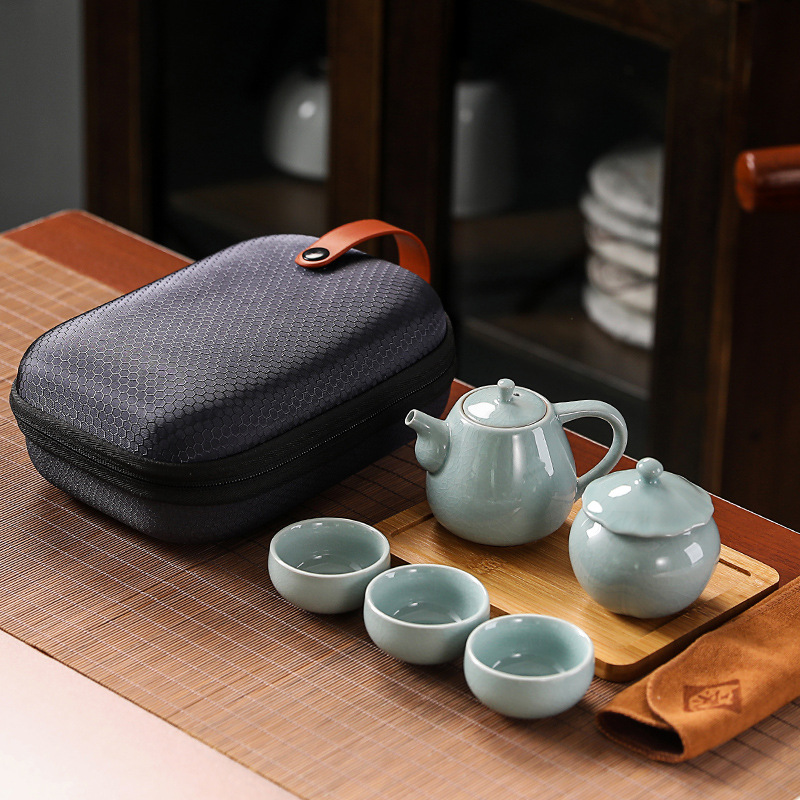 旅行茶具一壶四杯三杯汝窑快客杯便携式带茶叶罐商务会场礼品定制