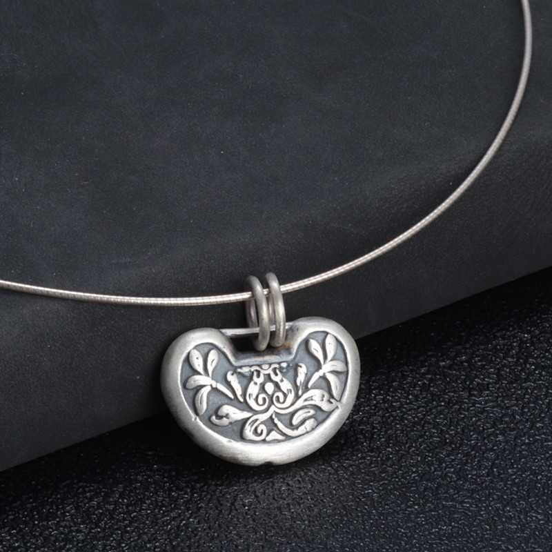 古吉坊990足银如意锁吊坠复古做旧双环银坠子女手工diy百搭配饰