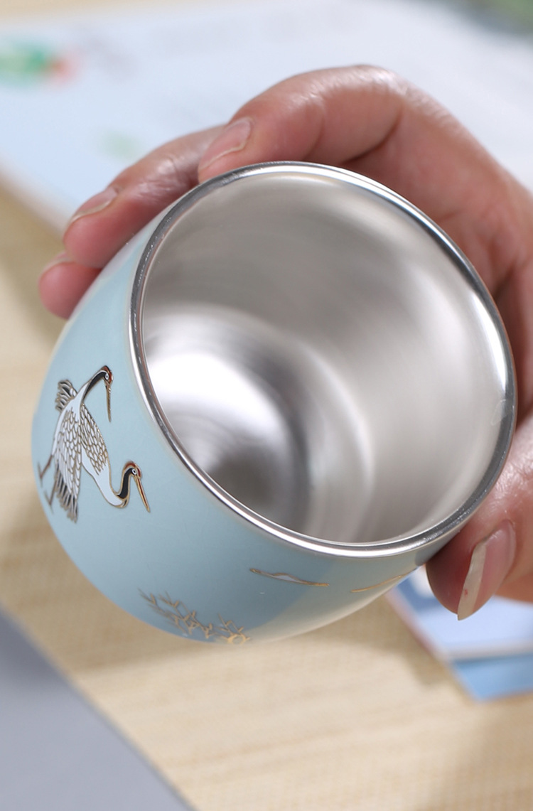 复古仙鹤描金色掐丝纯银水杯999鎏银茶杯大号汝窑主人杯礼品茶盏