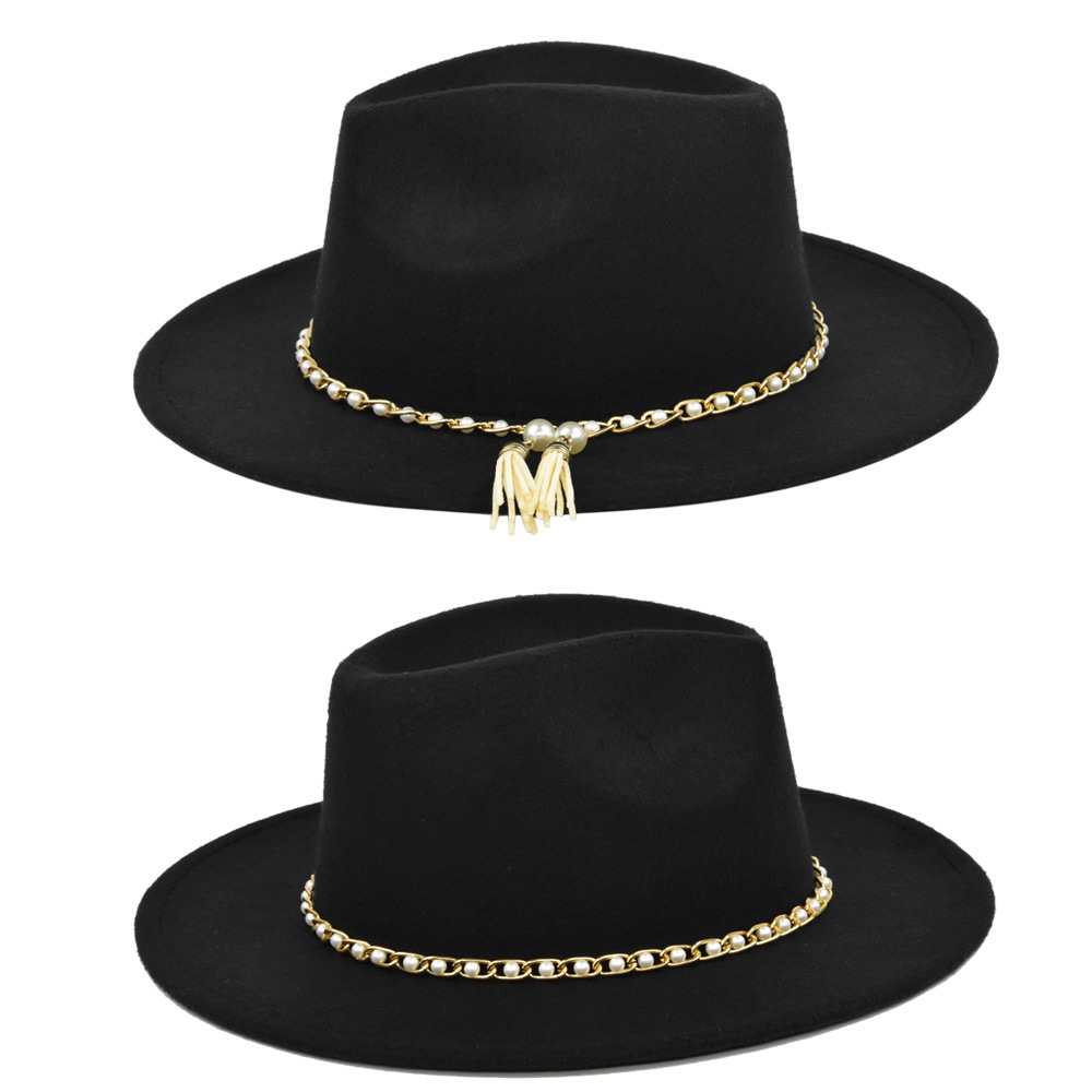 亚马逊速卖通羊毛呢英伦爵士帽珍珠流苏毛呢黑色礼帽复古大檐帽