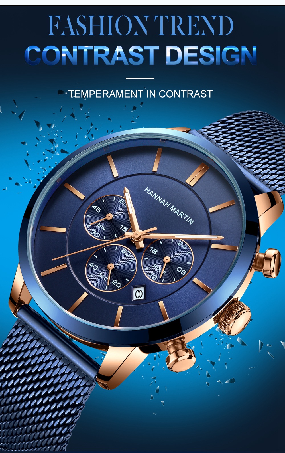 男士多功能商务休闲日历石英手表 精钢表带金色夜光小三针手表男