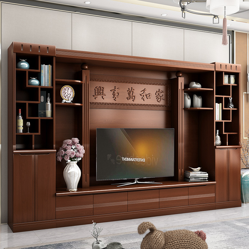 实木电视柜组合电视墙 客厅家具电视组合墙酒柜 新中式电视背景柜