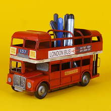 新品推荐欧式铁皮彩绘创意小巴士车摆件 公交汽车模型巴士笔筒