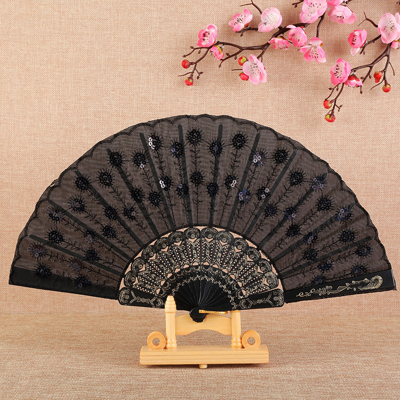 Wholesale Black Stick Sequins Fan Chinese Style Dancing Fan Peacock Tail Fan Sequins Embroidered Fan Spring Chant Fan