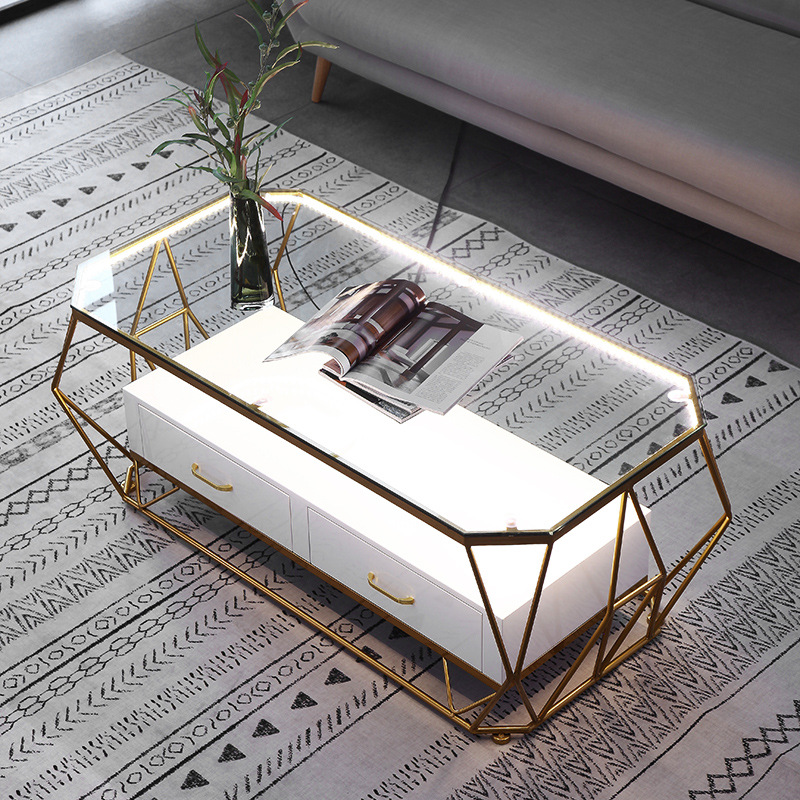 沙发茶几新式茶桌简约现代茶几双层抽屉长方形钢化玻璃小户型创意