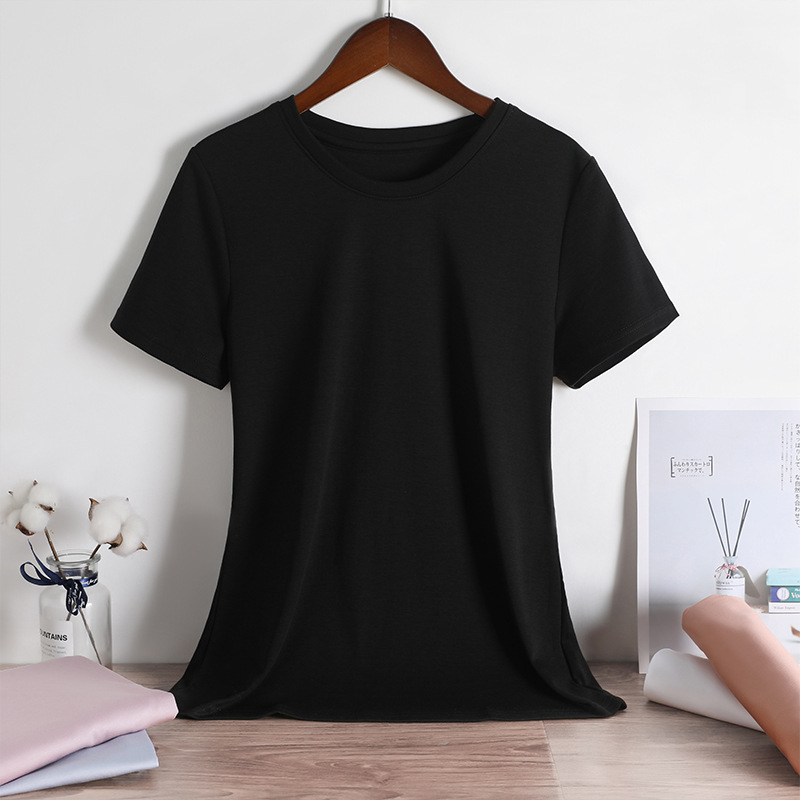 Double-Sided 80 Mercerized Cotton White Short-Sleeved T-shirt Women's Loose round V-neck Cotton T-shirt Summer All-Match Bottoming Shirt