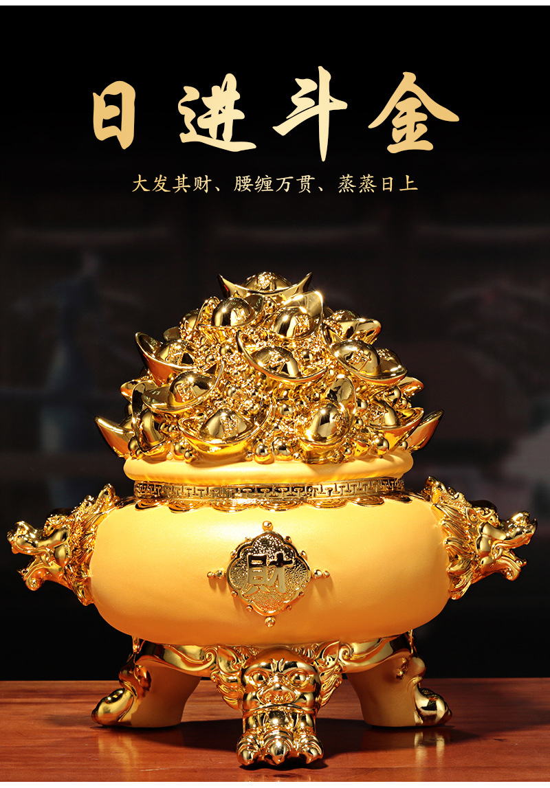 绒沙金聚宝盆客厅办公室装饰摆件创意树脂工艺品商务开业礼品