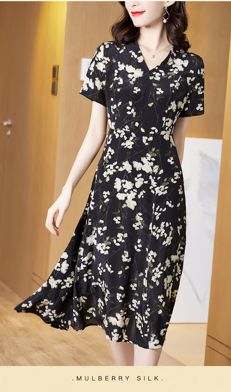 水墨佳人2020夏季新款中年妈妈装真丝连衣裙时尚印花收腰裙桑蚕丝