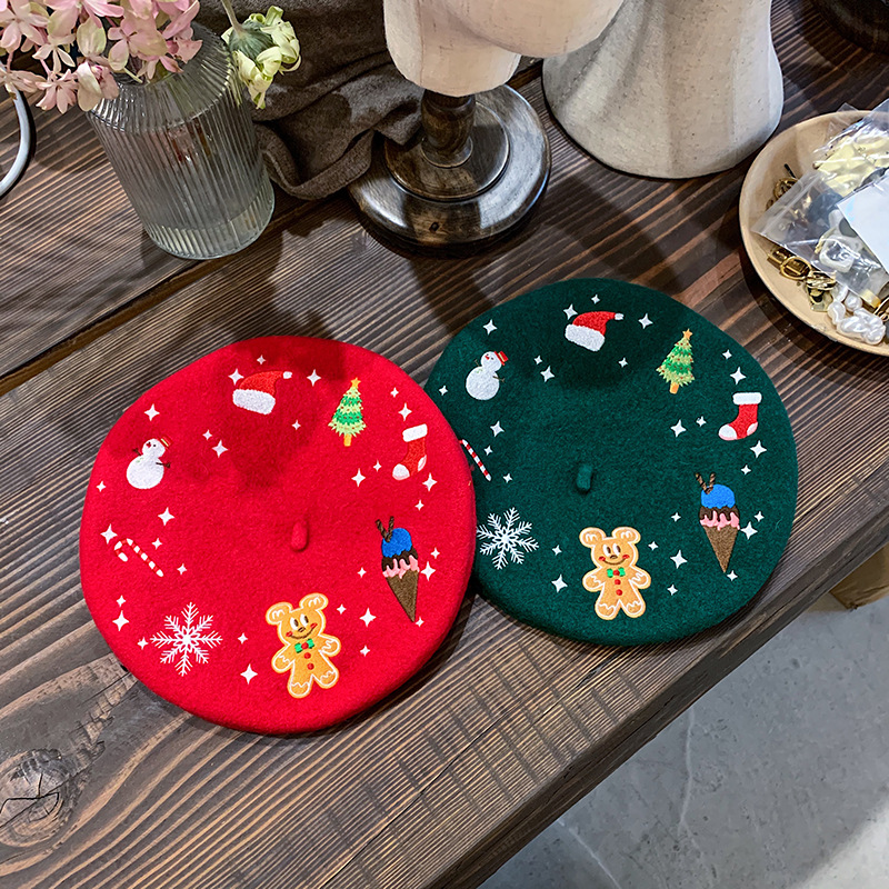 圣诞款刺绣羊毛贝雷帽女秋冬新款小鹿小熊雪人雪花刺绣圣诞节日帽