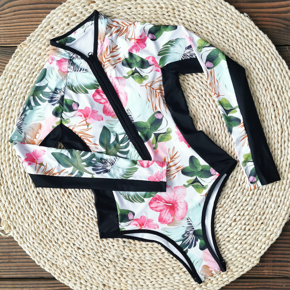 2021新款连体泳衣女性感欧美运动长袖印花速卖通跨境外贸冲浪泳装