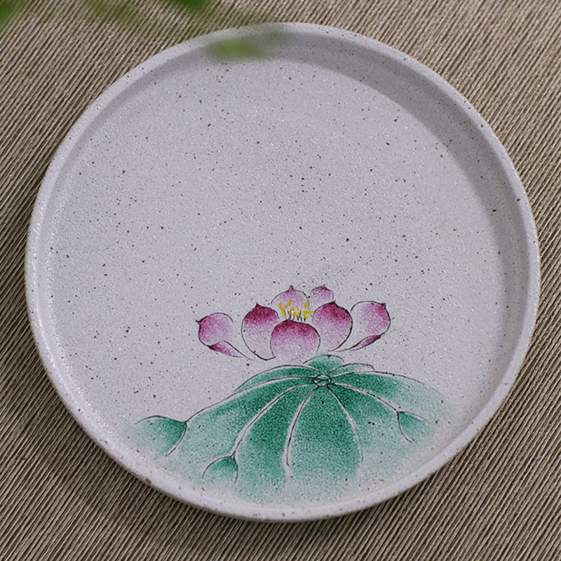 艺虹陶瓷 手绘釉上彩壶承 功夫茶具配件茶席摆件小圆盘手绘荷花盘