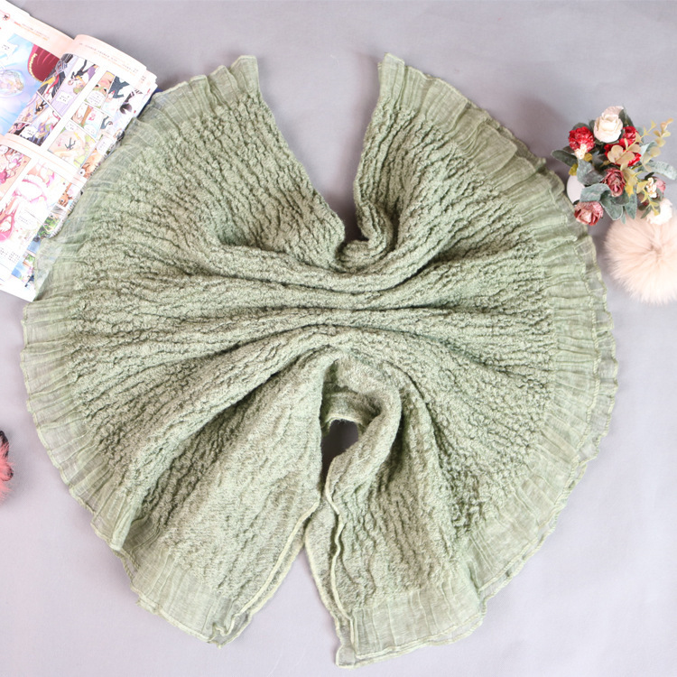 2020年春秋新款花边邹巾纯色荷叶边丝巾长款围巾空调披肩厂家直销