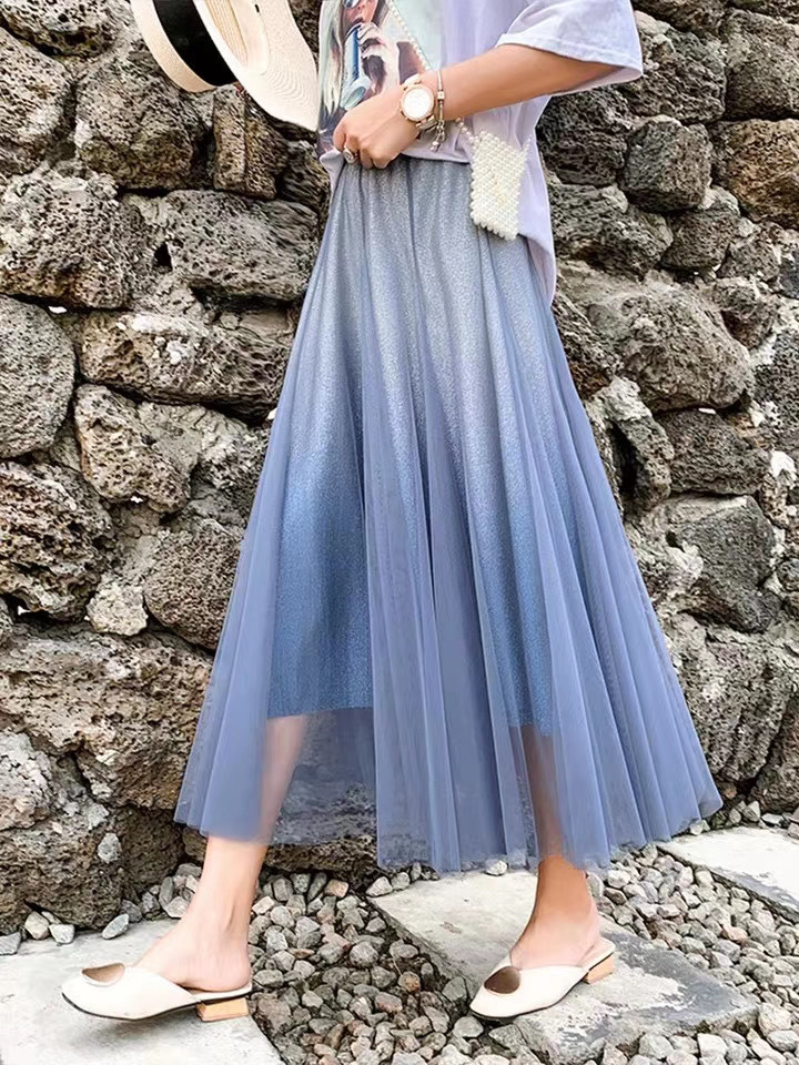 渐变色网纱半身裙女春夏2020新款纱纱裙中长款大摆裙a字百褶长裙