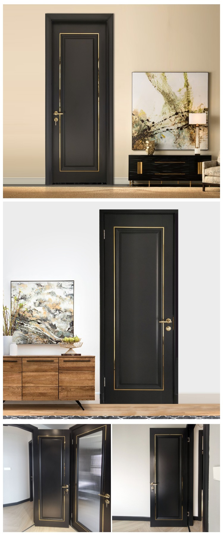德悦订制黑色实木门卧室房门新中式轻奢金属条室内门民宿烤漆门