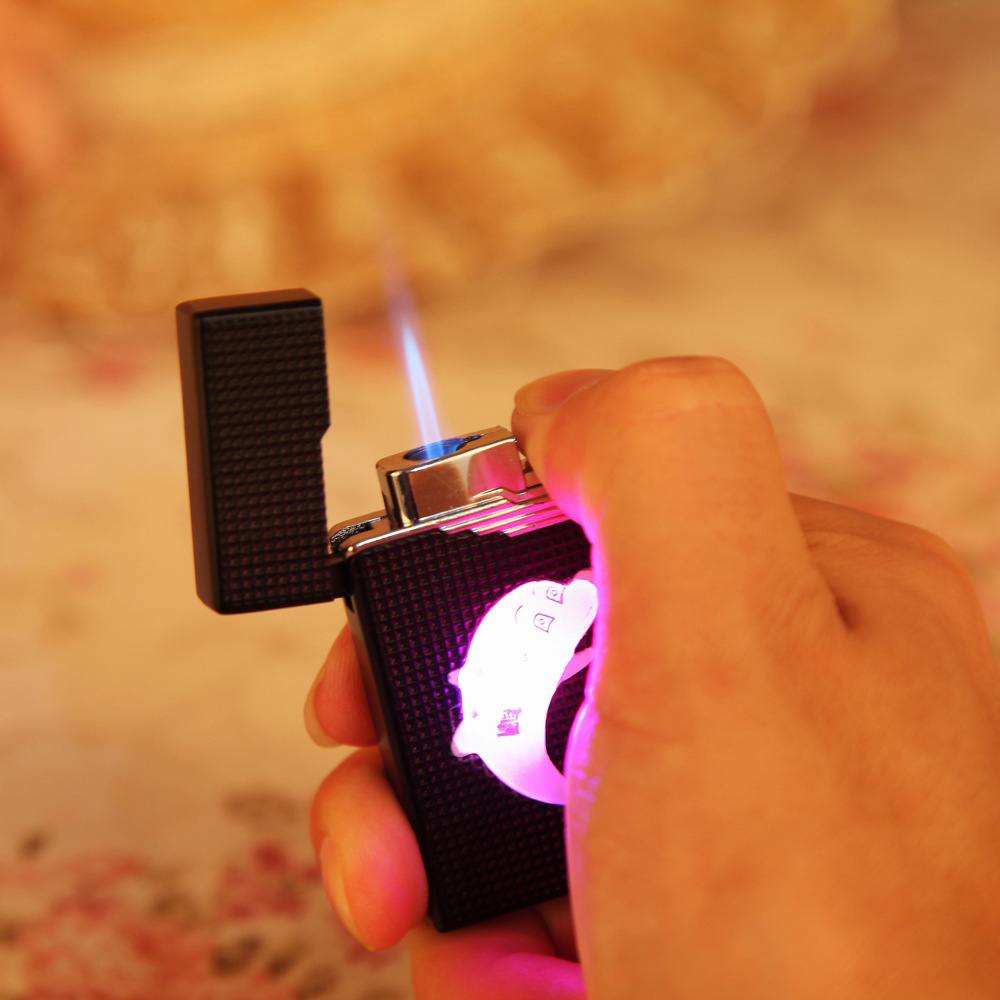 创意七彩带灯打火机直冲防风蓝火焰 地摊个性闪光雪茄打火机jc817