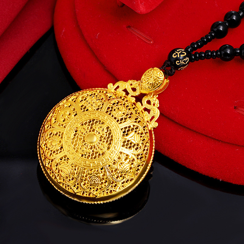 藏传密宗仿黄金吉祥八宝罗盘转运吊坠古法沙金实心镂空男女款挂坠