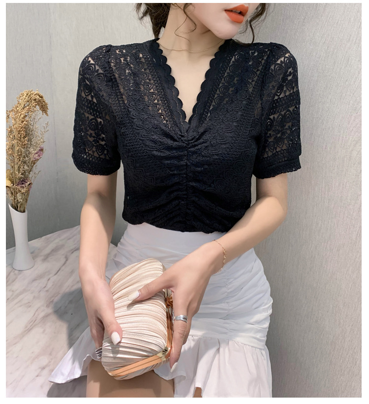 v领镂空蕾丝打底衫2020夏季新款抽绳锁骨上衣心机设计感短袖t恤女