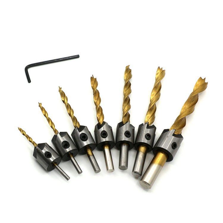 木工沉头钻4pc件套六角柄麻花钻头开孔倒角一体沉孔钻头木工扩孔